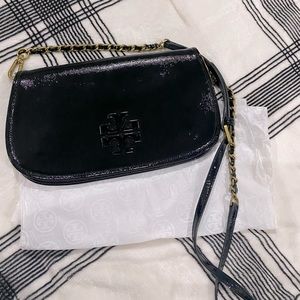 Tory Burch Britten Patent Clutch Black Leather Crossbody Bag NWOT